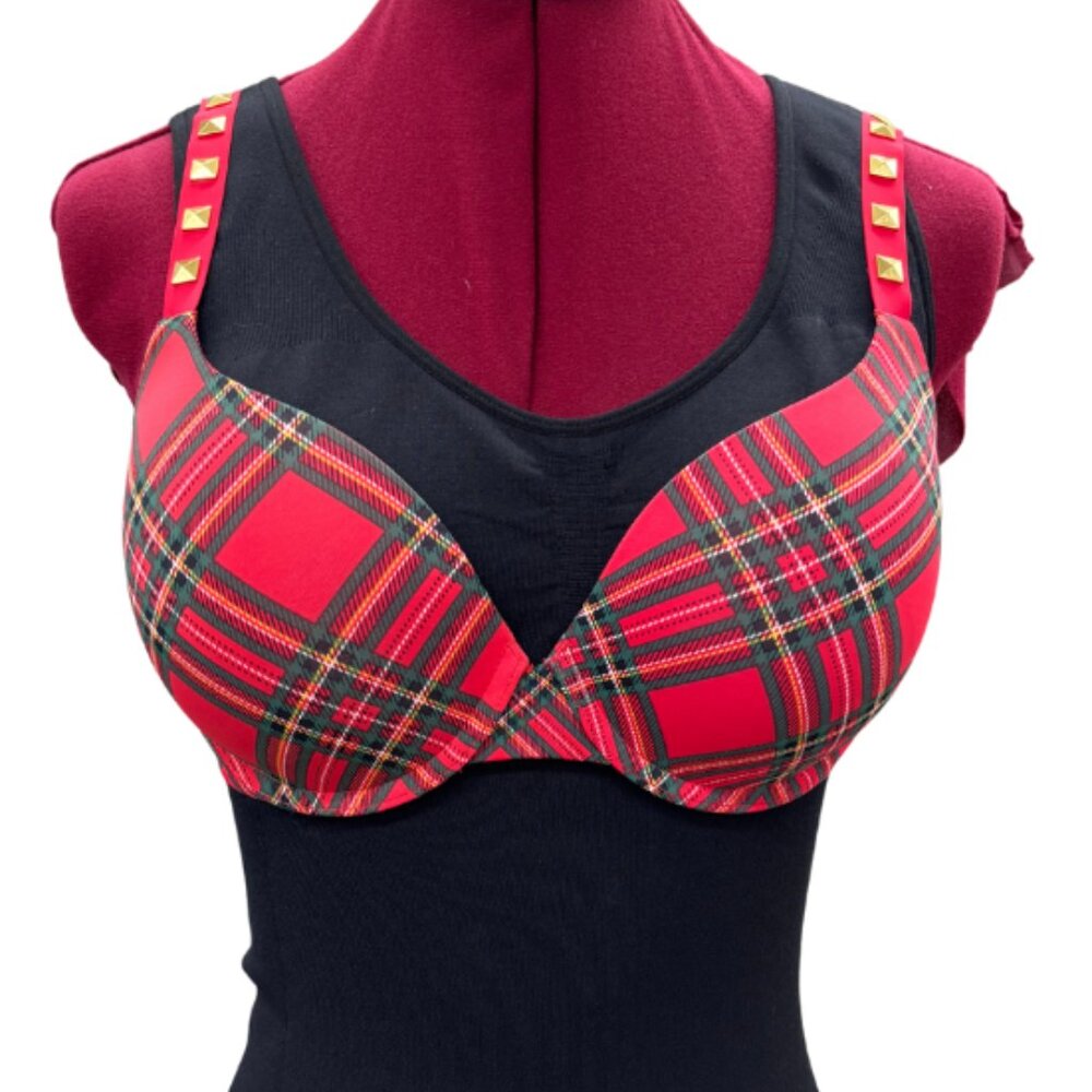 Victoria's Secret Push-Up Full Coverage Wireless Plaid Bra Vermillion Red 34DD